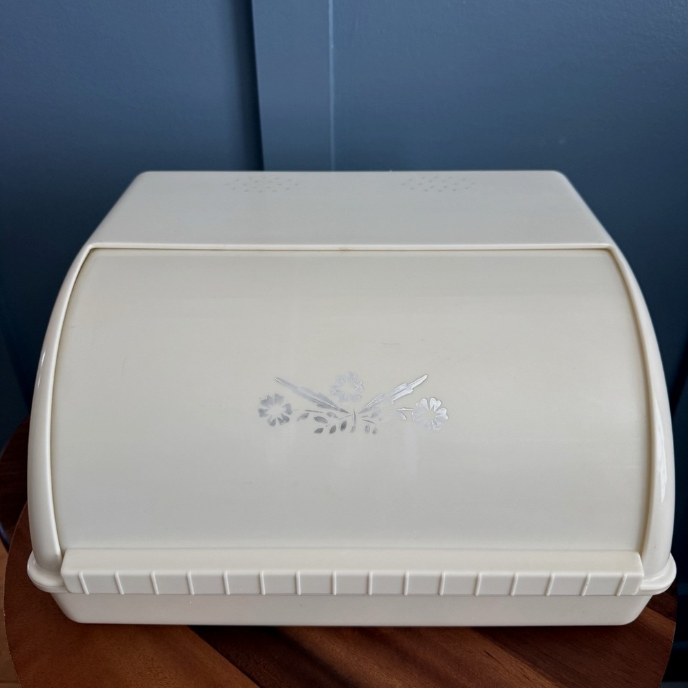 Vintage Ivory Roll Top Bread Box Silver Floral 50's 60s  Kitchen Storage Bin MCM